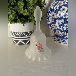 Vintage Viking Glass Bell Frosted Ruffled Hand Painted Blue Flowers w Orig Label